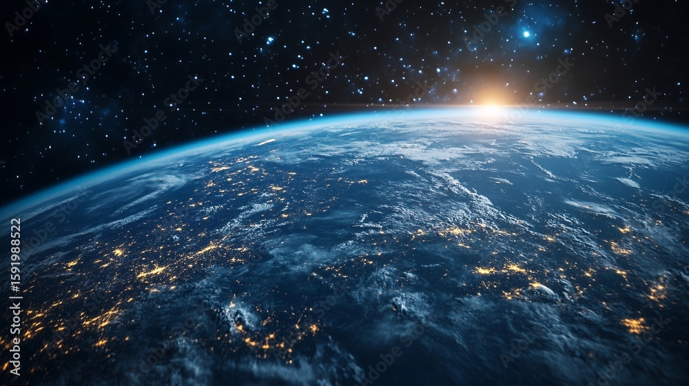 Obraz premium Earth View From Space at Night with City Lights and Sunrise