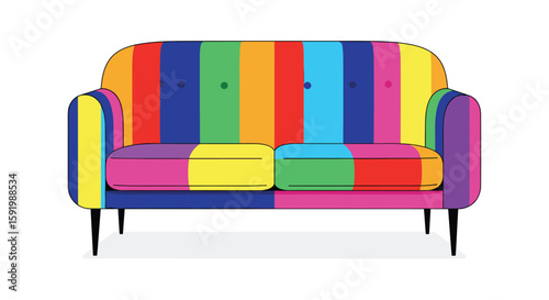 Modern contemporary colorful striped upholstered sofa with button tufting and black legs