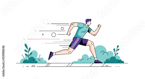 Fit man sprinting through a green park on a bright sunny day