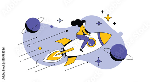 Woman riding rocket ship among planets and stars illustration