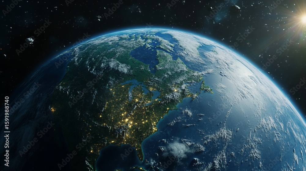 Viewing Earth From Space Showcasing North America and City Lights Viewing Earth From Space Showcasing North America and City Lights