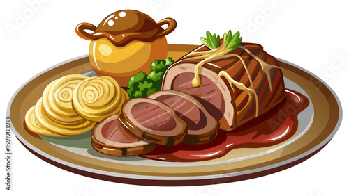 Traditional German onion roast beef sliced with fried onions and Swabian spaetzle as closeup on a modern design plate with brown sauce white background