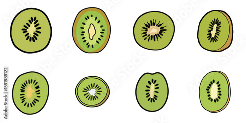 Multiple vector illustrations of sliced kiwi with doodle-like drawings

