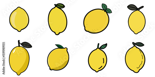 Multiple vector illustrations of lemon with doodle-like drawings

