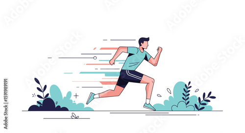 An athletic man running fast through a park with decorative plants and speed lines indicating movement