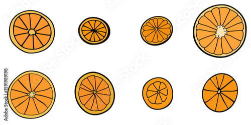 Multiple vector illustrations of sliced orange with doodle-like drawings

