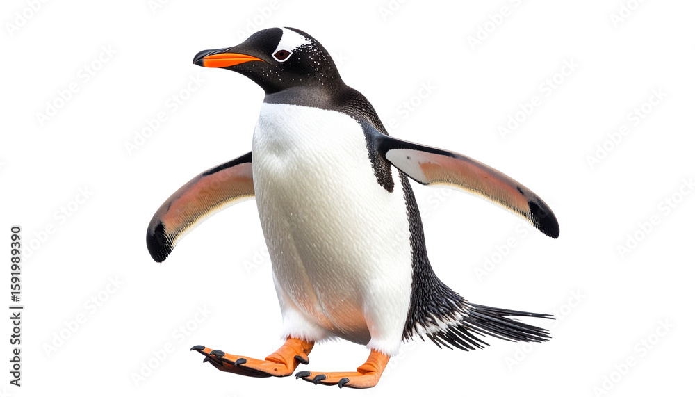 Fototapeta premium Gentoo Penguin Strut: A photorealistic close-up of a gentoo penguin takes a confident stride, showcasing its distinct features and capturing the spirit isolated on transparent background