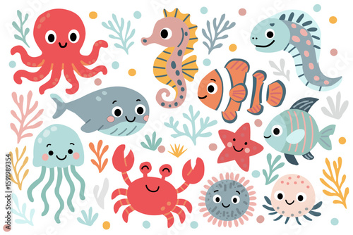 Cute underwater sea animals set in cartoon doodle style – octopus, whale, crab, seahorse, clownfish, jellyfish, and more for kids room, posters, and educational design