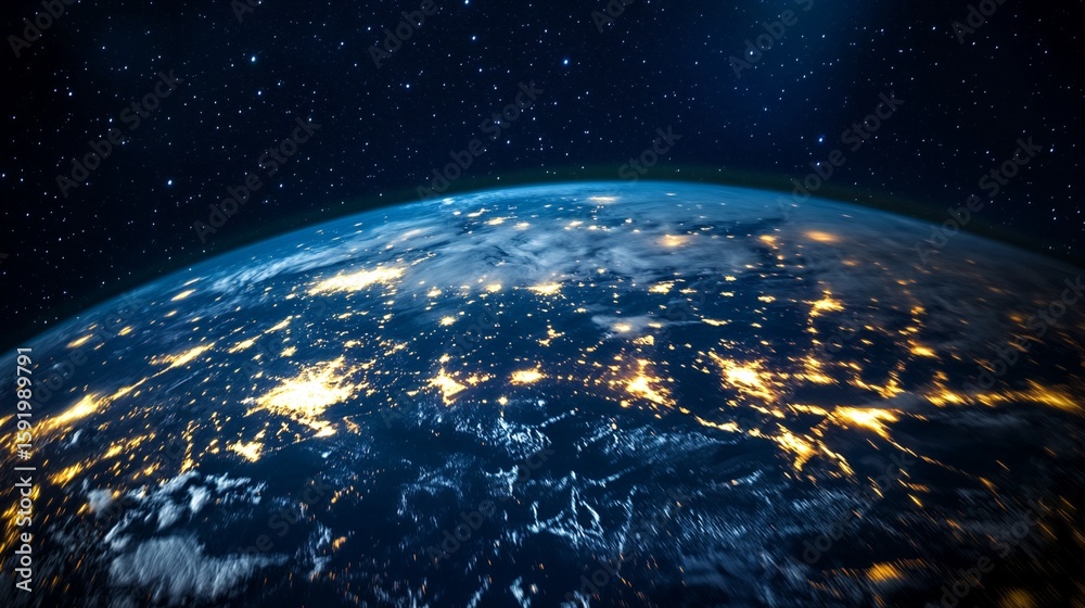 Obraz premium Earth From Space Showing City Lights and Starry Sky at Night