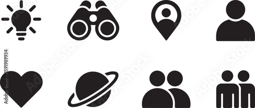 Collection of eight black icons including a lightbulb binoculars location pin person heart planet and groups