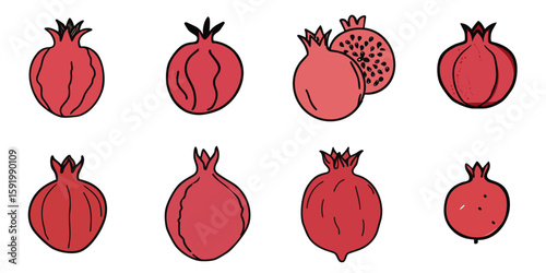Multiple vector illustrations of pomegranate with doodle-like drawings

