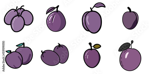 Multiple vector illustrations of prune with doodle-like drawings


