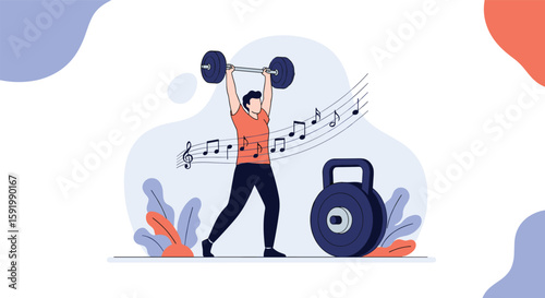 Man lifting heavy weight with music notes surrounding his head for motivation during workout session