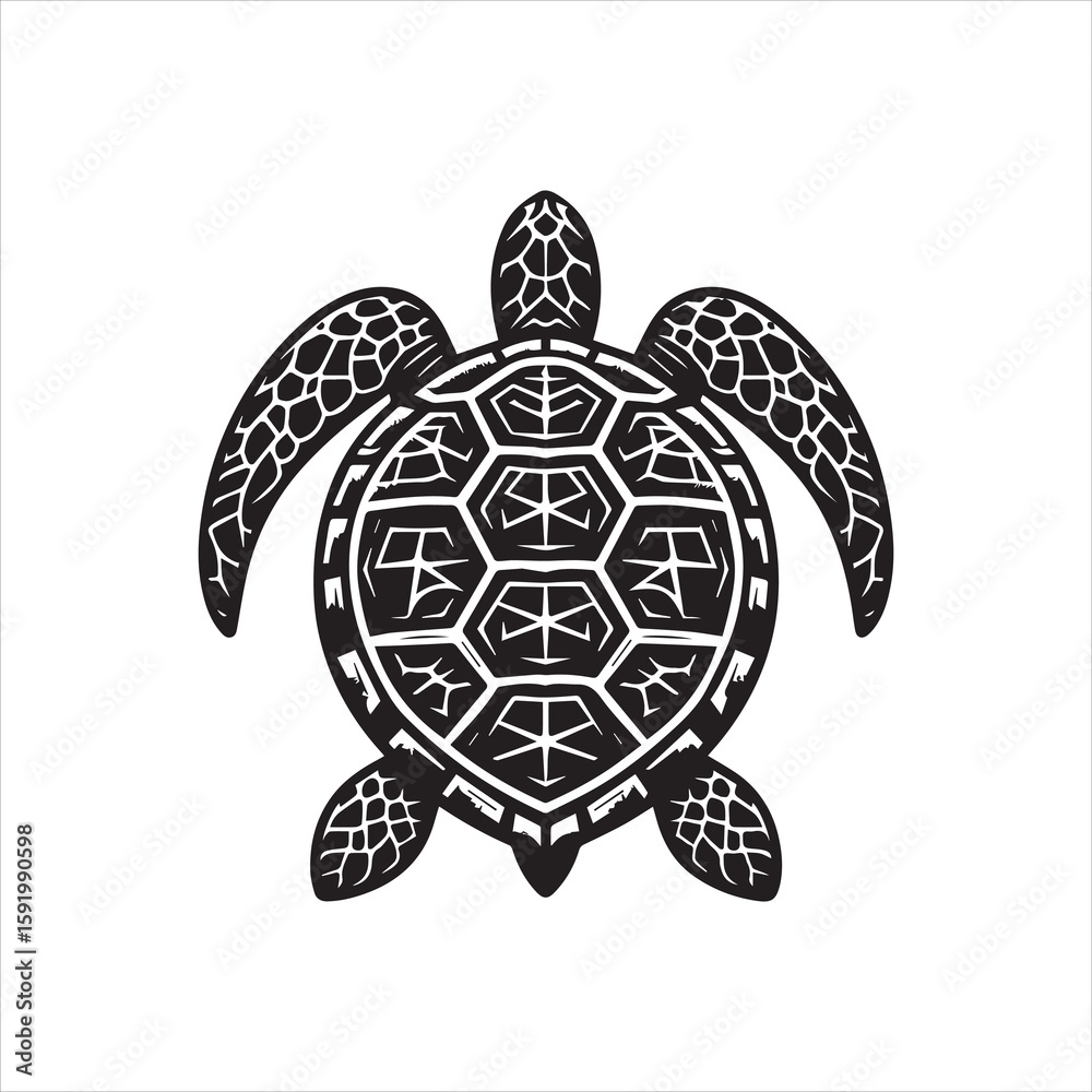 Fototapeta premium Intricate Black and White Sea Turtle Illustration with Detailed Shell Pattern.