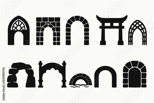Architecture silhouette icon set. arches, gateways, doorways in silhouette style