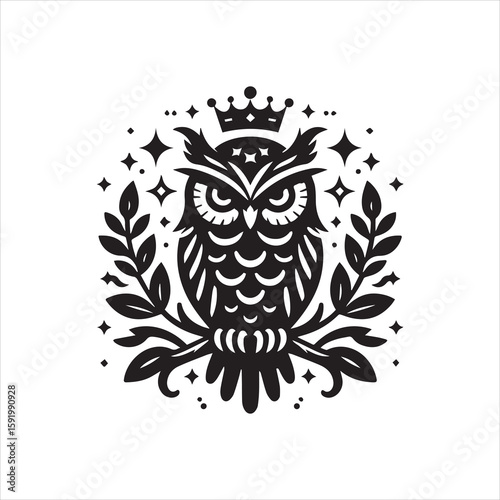 Majestic Crowned Owl with Floral Wreath and Stars.