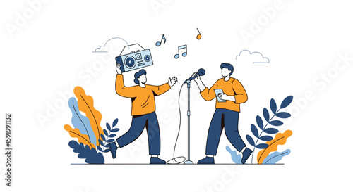 Two men enjoying music together performing outdoor concert party celebration