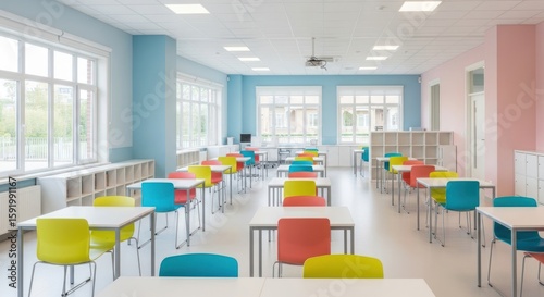 Bright and airy classroom featuring rows of desks with colorful chairs, creating a vibrant learning environment perfect for education and academic settings, with natural light.