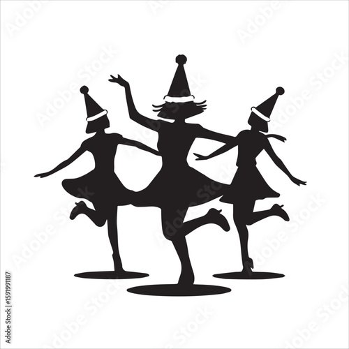 Three silhouetted dancers wearing santa hats performing a festive ballet routine