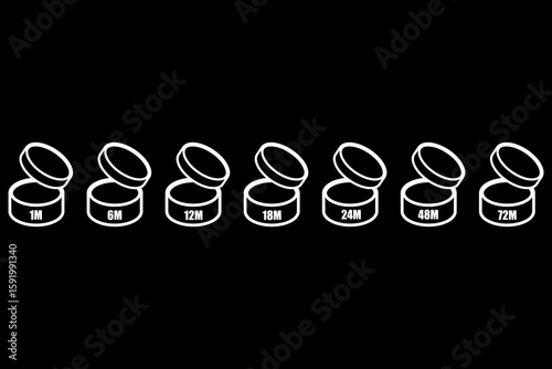 Cosmetic expiry icons. Jar 1M 6M. Shelf life symbols. Vector period set.