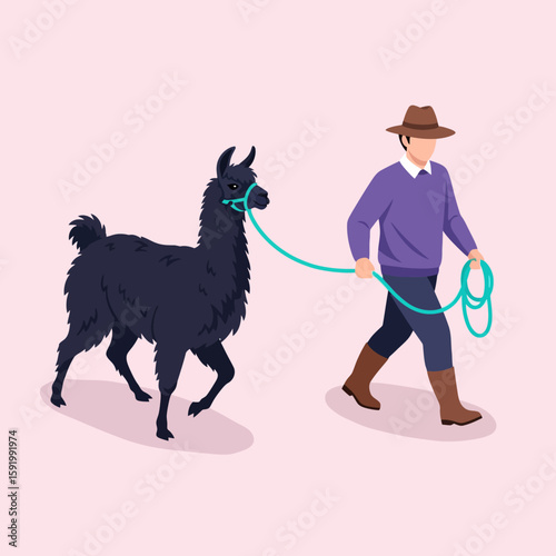 Walking Dark Llama with Handler in Minimalist Style on Pink Background