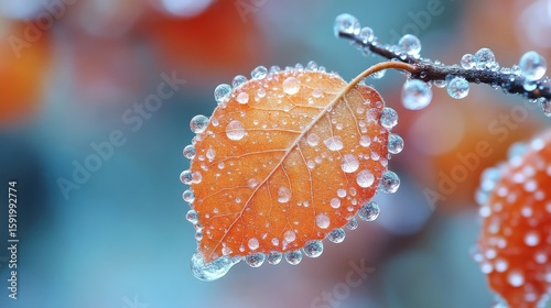 An orange leaf on a twig surrounded by water