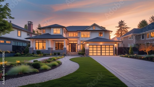 Beautiful two story suburban home with manicured lawn and driveway stands elegantly against a picturesque sunset sky in residential area.