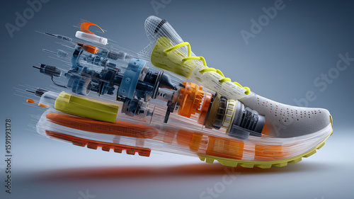 Exploded View of White Sneaker with Floating Layers on Soft Pastel Blue Background

