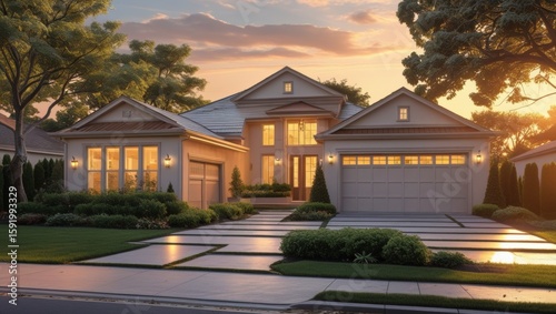 A beautiful modern home with a three-car garage sits surrounded by lush landscaping as the sun sets painting the sky with vibrant colors.