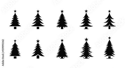 Collection of ten festive evergreen tree silhouettes adorned with star toppers