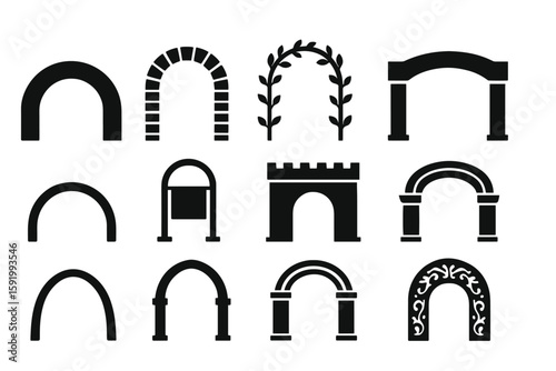 Archways silhouette icon set. classic, arched shapes silhouette graphic collection