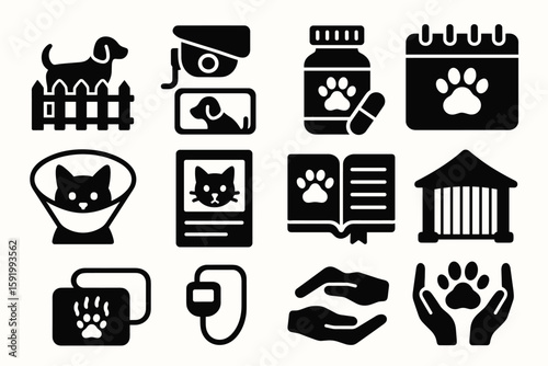 Pet care silhouette icon set. veterinary, animal shelter symbols silhouette collection