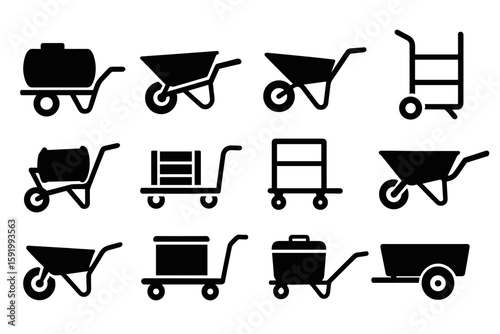 Gardening and construction solid icon set. wheelbarrow, cart tools solid collection