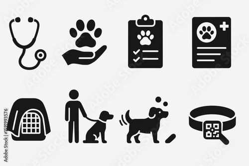 Pet care silhouette icon set. veterinary, animal wellness, shelter icons collection