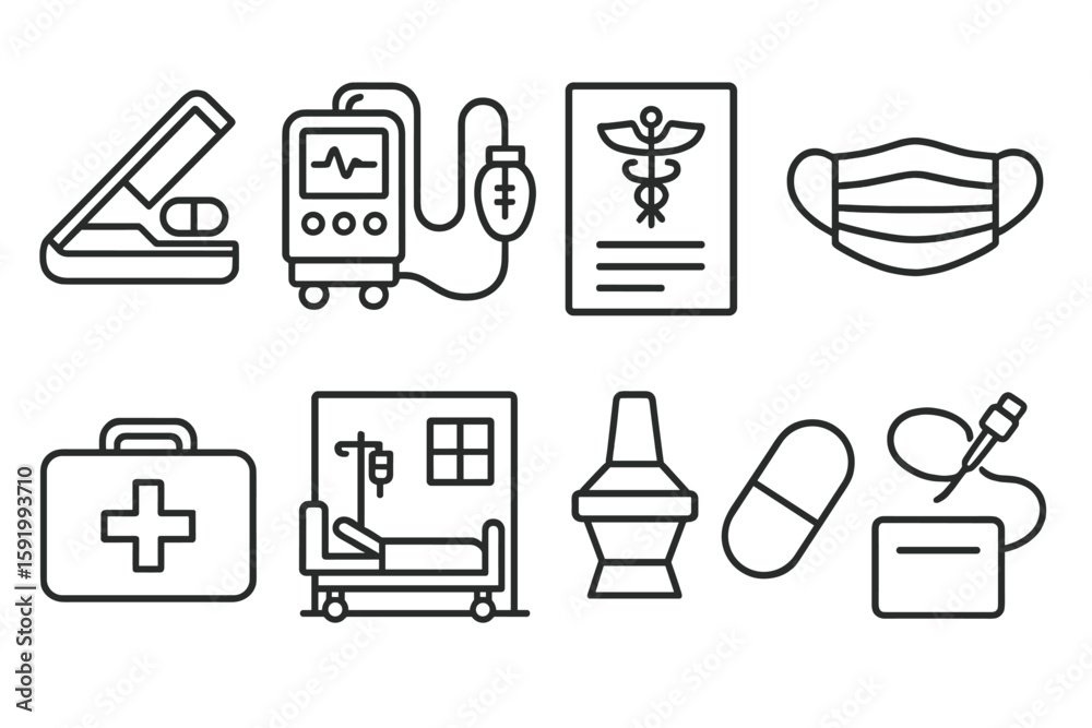 Fototapeta premium Medical and healthcare line icon set. hospital, pill, mask, equipment, more