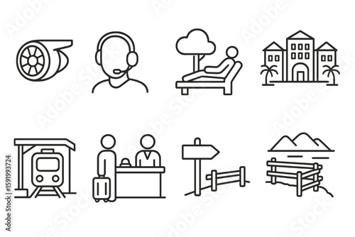 Travel and tourism outline icon set. vacation and trip planning symbols collection
