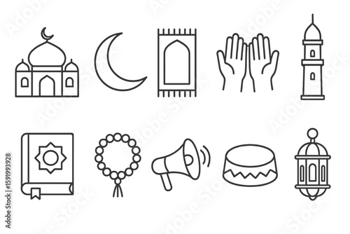 Islamic, ramadan, eid line icon set. mosque, prayer, crescent linear icons collection