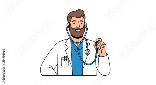 Friendly bearded doctor with stethoscope ready for patient checkup and consultation
