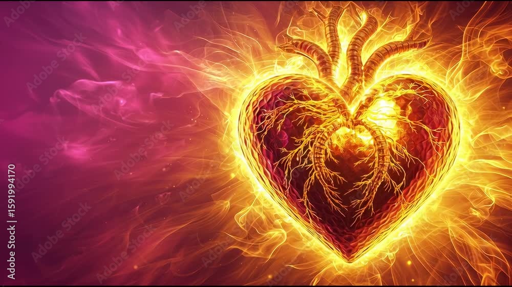 A heart with flames surrounding it. The heart is surrounded by fire and smoke, giving it a fiery and intense appearance. Concept of passion and intensity