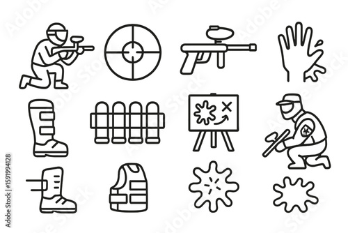 Paintball, outdoor game linear icon set. equipment, sport, action icons line collection