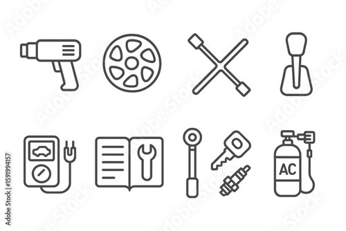 Automotive repair line icon set. tools, maintenance, diagnostics line illustrations