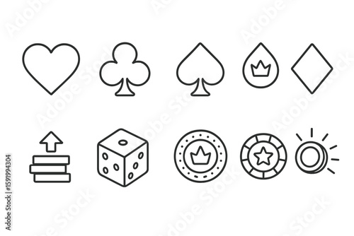 Card game, casino outline icon set. poker, gambling symbols outline collection