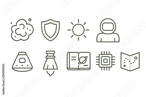 Space exploration line icon set. rocket, astronaut, map, technology icons in outline style