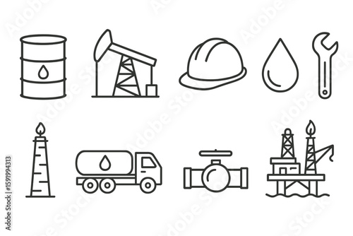 Oil and gas outline icon set. energy, drilling, industry, petroleum, tools icons collection