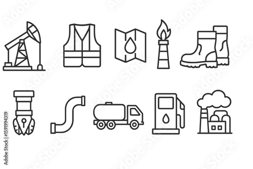 Oil and gas industry linear icon set. energy, extraction symbols in outline style