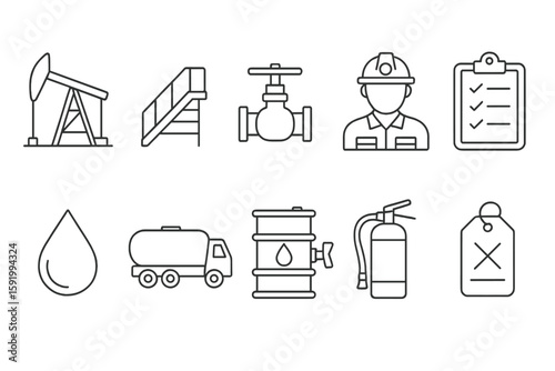 Oil and gas industry icon set. essential line style icons for energy resources