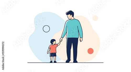 Father holding his son hand walking together outdoors in the park on a sunny day enjoying quality family time