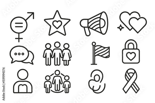 Lgbtq+ outline icon set. pride, community, love symbols in line art style