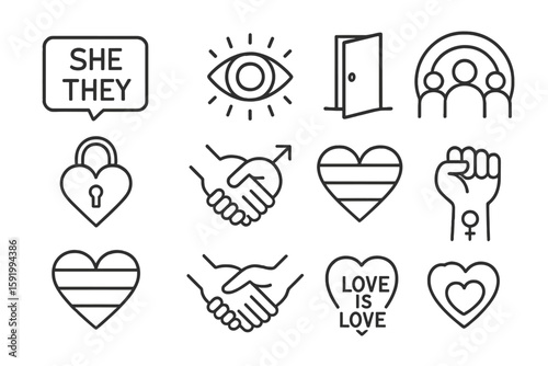 Pride and inclusion icon set. lgbt, equality outline icons collection