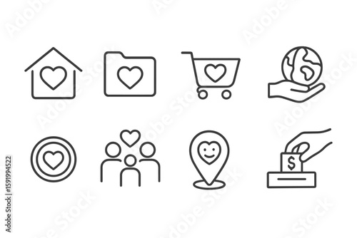 Charity and donations line icon set. heart, support, giving, aid line style icons